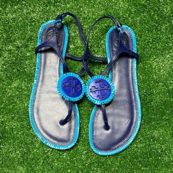 Tory Burch Miller Fringe Navy Sea Blue Thongs Sandals sz 6 - Picture 1 of 9